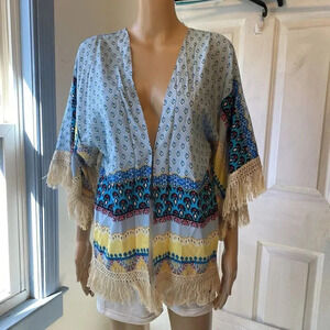NEW Highness Kimono Open Cardigan Fringe Tassels Topper Multicolor Boho OSR